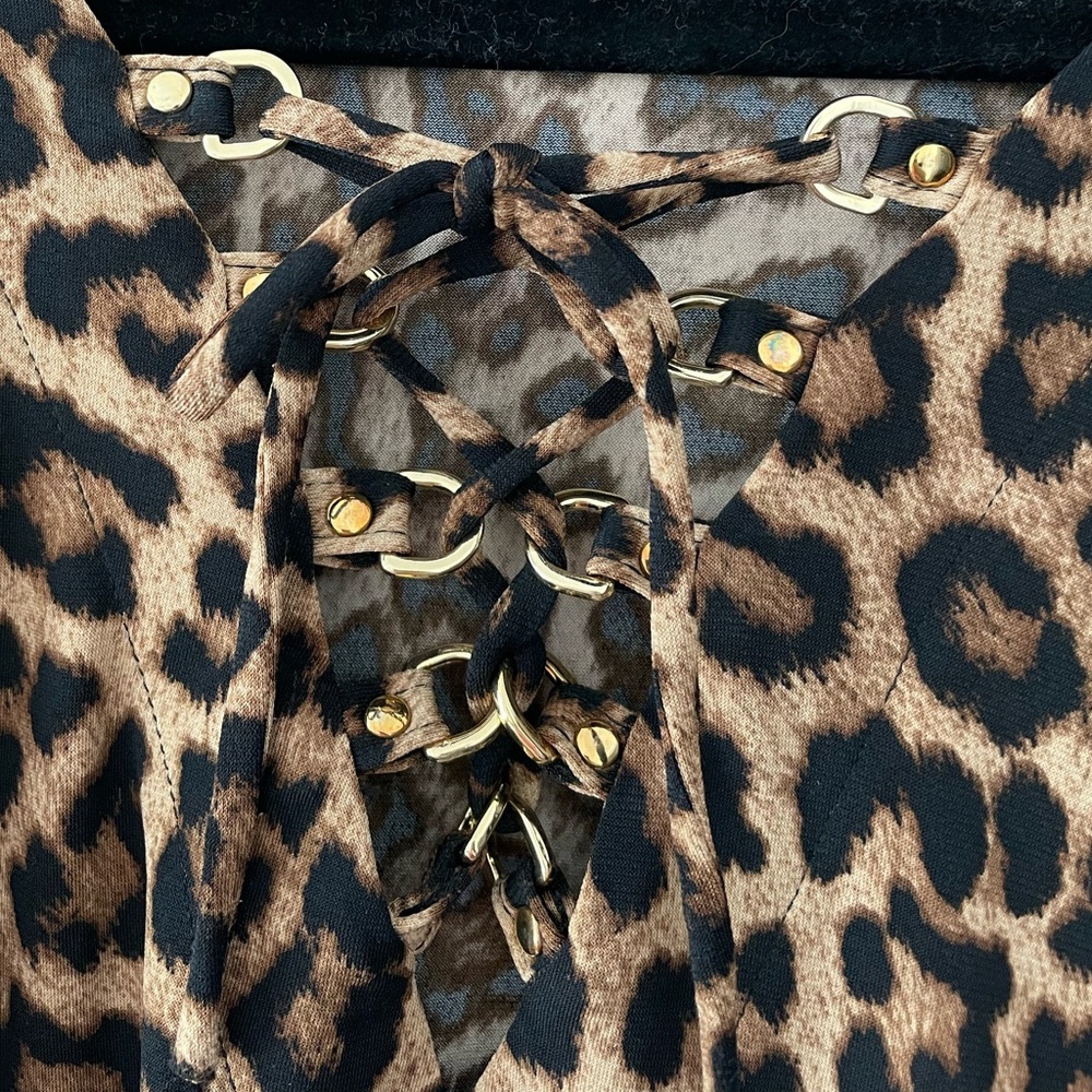 Michael Kors Size M Lace-Up Leopard Print Kaftan Tunic Blouse - Picture 3 of 7